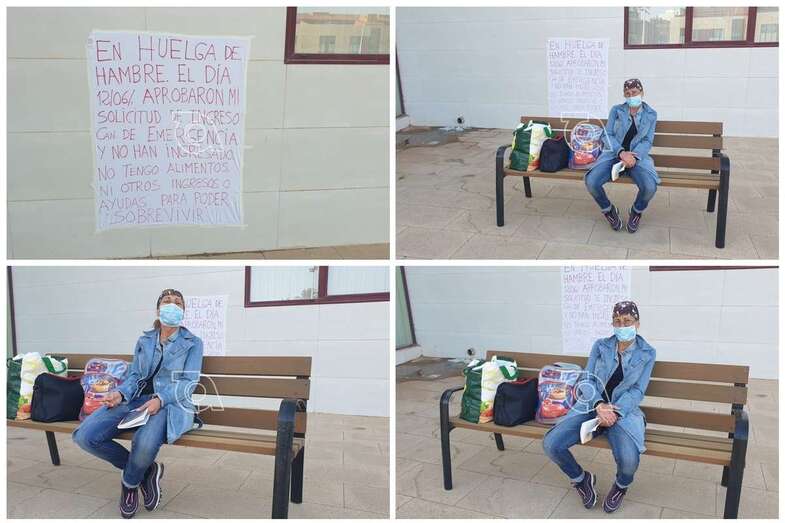 La vecina de El Goro sentada en el banco junto a la entrada al edificio municipal de El Cubillo, donde ha iniciado la huelga de hambre (Foto TA)